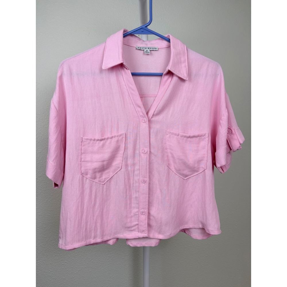 Haute Monde Pink Button Down Short Sleeve Utility Pocket Crop Top Womens Medium